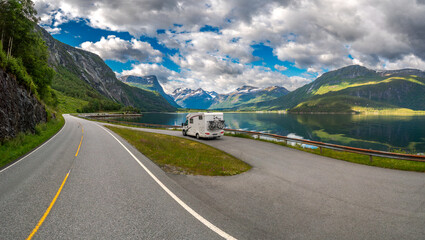 Family vacation travel RV, holiday trip in motorhome, Caravan car Vacation.