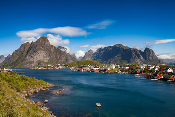 Amazing landscape town of Reine of the Lofoten Islands with blue sky , county of Nordland, Norway.