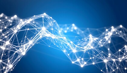 Abstract digital network with glowing nodes and lines, illuminated on a blue background, representing connectivity, data flow, and the digital age