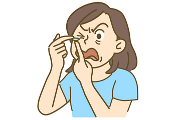 Woman Struggling to Put on Contact Lenses Illustration