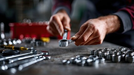 A mechanic's hands tightening a bolt with a stainless steel spanner from a set, surrounded by other tools and automotive parts