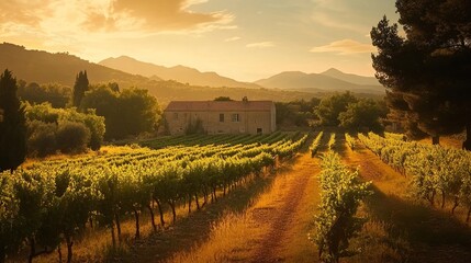 Naklejka premium Vineyard under sunset with a stone house and mountains surrounded by trees.