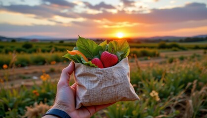 hand holding cloth wrapped food package at sunset ideal for eco friendly packaging photography, sustainable branding, and e commerce listings showcasing natural food wraps, sunset lighting