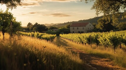 Obraz premium Vineyard under sunset with a stone house and mountains surrounded by trees.