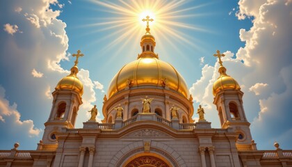 Obraz premium golden dome with angels and radiant light ideal for architectural and religious photography, celestial branding, and e commerce listings showcasing golden domes, angelic figures