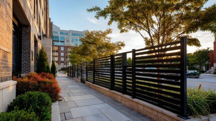 A modern metal fence with horizontal bars, creating a sleek and contemporary design for an urban neighborhood