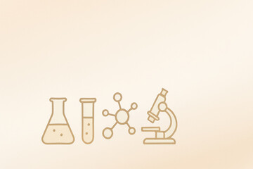 Laboratory icons with flask, test tube, molecule, and microscope symbols on soft beige background, evoking scientific research and discovery