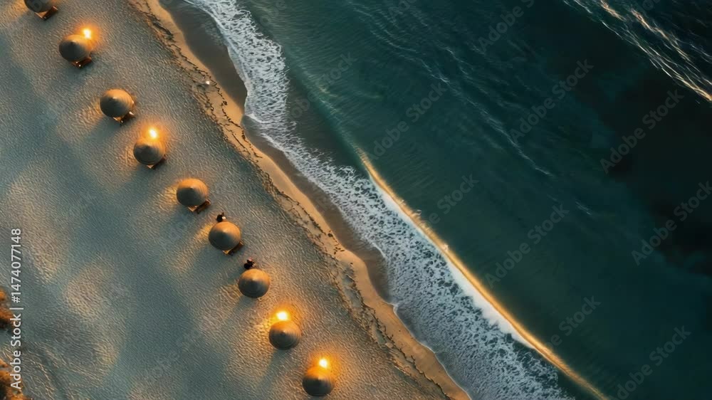Poster aerial view of a sunny day at the beach with colorful umbrellas and people relaxing