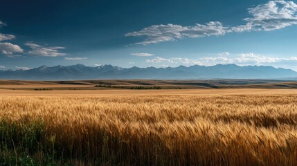 A panoramic view of a wheat field stretching endlessly with mountains faintly visible in the distance