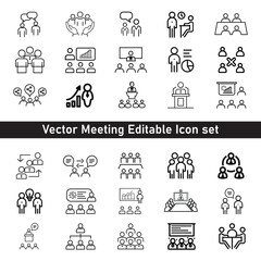 Business Meeting  Editable Icon Set – Flat Design, Corporate Collaboration Symbols