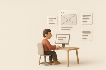 Fototapeta premium Person working on computer with digital interface elements, creative and focused atmosphere in soft beige tones