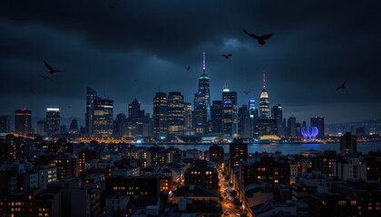 Obraz premium dark cityscape at night with birds in flight ideal for urban photography, nature branding, and e commerce listings showcasing city skylines, flying birds, and dramatic nighttime lighting
