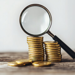 Magnifying Glass on Stacks of Gold Coins Financial Investment Concept