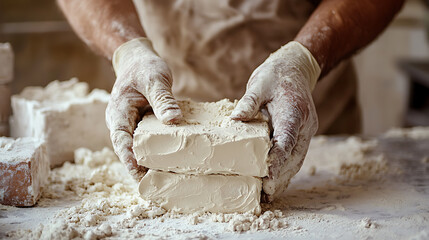 Baker Kneading Dough with Flour