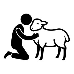 Warm pastoral silhouette depicting a male figure snuggling with a sheep in a landscape