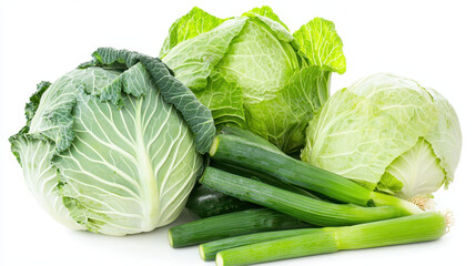 Fototapeta premium Fresh cabbages and leeks arranged beautifully, showcasing vibrant greens and healthy produce