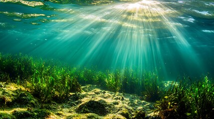 Obraz premium Underwater view of the sea with seaweed and sunbeams