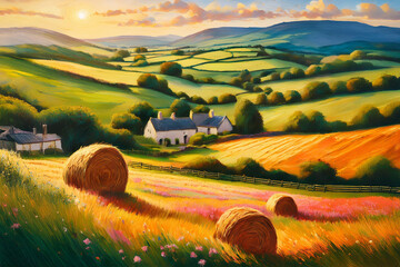 Oil painting image of landscape in rural Ireland in summertime featuring farm houses, green fields of farmland pastures with hay bales and wild flowers visible 