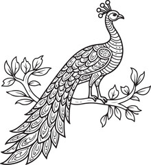Fototapeta premium Black and White Stylized Peacock with Ornate Tail Feathers on Floral Branch
