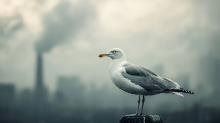 Fototapeta premium Solitary Seagull Amidst Industrial Smog: A Bleak Urban Landscape