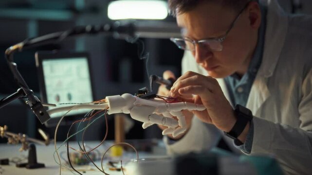 A researcher meticulously works on a robotic hand, connecting wires and components in a modern laboratory. The task is part of an innovative project focused on robotics and automation