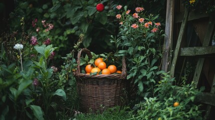 Fresh Oranges in a Rustic Basket Amidst Flowers