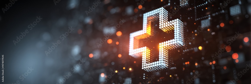 Aufkleber digital medical cross symbol glows on a screen during a healthcare technology presentation