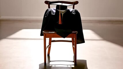 Graduation gown and cap placed on chair in slow motion. A symbolic representation of academic journey's end and new beginnings.

