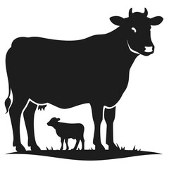 Silhouette depiction of a cow and calf standing in a lush green field