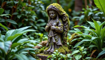 Obraz premium moss covered stone statue in lush jungle setting ideal for nature photography, jungle branding, and e commerce listings showcasing moss covered statues, lush vegetation, and tropical settings