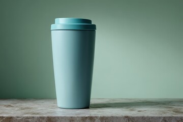 Obraz premium Light teal travel mug on a light stone surface.