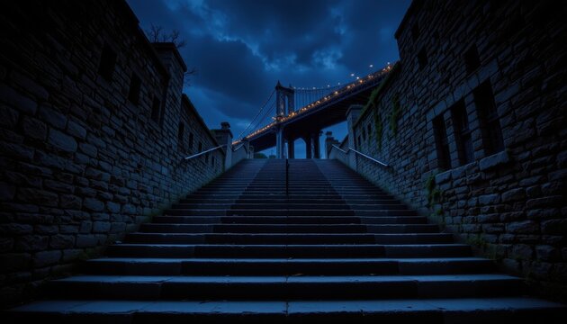 long dark stairs leading to a bridge at night ideal for mysterious photography, architectural branding, and e commerce listings showcasing dark stairways, night landscapes, and bridges