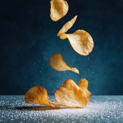 crispy potato chips crisps with salt flavour spice powder . aspect ratio 1:1