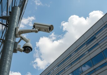 Security cameras mounted on a pole against a blue sky and modern building facade