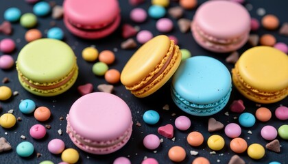 Obraz premium colorful macarons and pastel candies on dark background perfect for food photography, product branding, and e commerce listings showcasing macarons, pastel candies, and contrasting dark backdrops