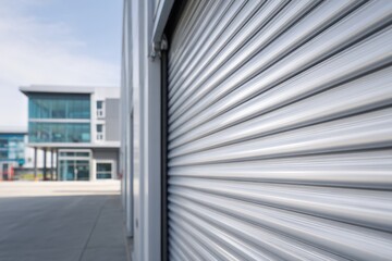 Close-up View of a Modern Silver Rolling Shutter Door on a Commercial Building Exterior, Adjacent to a Glass-Faced Office Building Under a Bright Sky