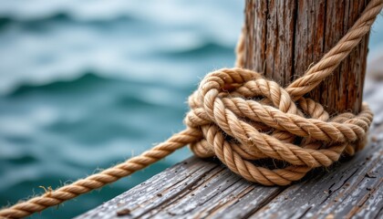 Fototapeta premium close up of a thick brown rope tied around weathered wood on a dock with blurry water background ideal for maritime photography, coastal branding, and e commerce listings showcasing thick ropes