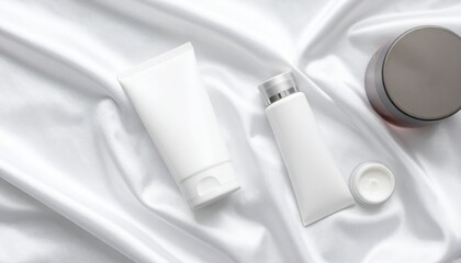 Elegant white cosmetic packaging studio product photography minimalist top-down view skincare concept