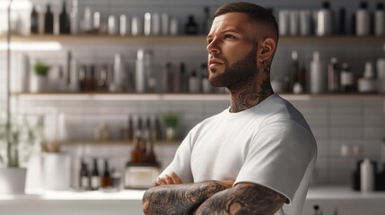 Confident tattooed man in white shirt standing with arms crossed in a modern barbershop or grooming studio, looking focused and determined.