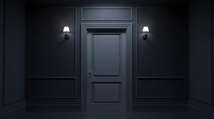 Closed dark grey door centered between two lit wall sconces in a moody, classic interior, evoking mystery, suspense and cinematic atmosphere.