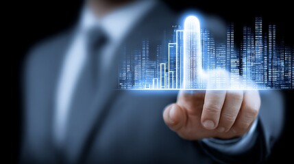 Businessman touching futuristic city hologram.