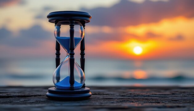 blue hourglass on dark wooden surface with sunset background ideal for time concept photography, decorative branding, and e commerce listings showcasing hourglasses, wooden textures