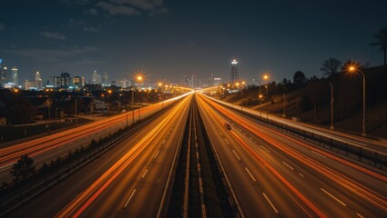 Vibrant Nighttime City Highway with Constant Flow of Traffic and Illuminated Skyline