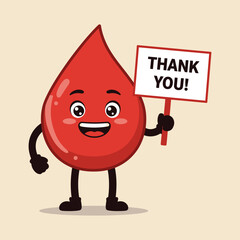 “Cute Blood Drop Cartoon Character Holding Thank You Sign – Blood Donation Awareness Illustration”