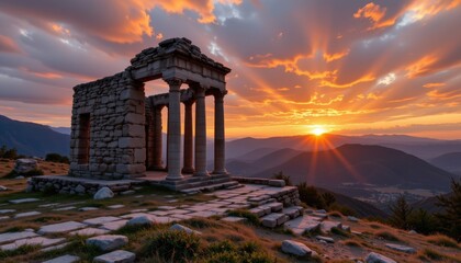 Naklejka premium ancient stone ruins on mountaintop at sunset perfect for landscape photography, historical branding, and e commerce listings showcasing stone ruins, mountaintops, and dramatic sunsets
