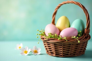 Naklejka premium Pastel-colored Easter eggs in a basket, springtime decor , family, holiday decor, dyed