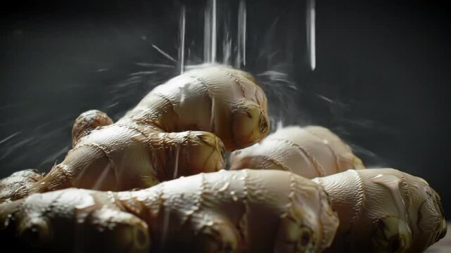 Ginger Root Immersion, Freshness And Health With Water Drizzling Over Roots