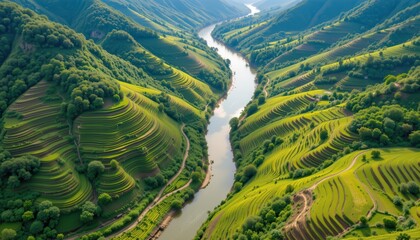 Fototapeta premium aerial view of a winding river through lush green rice terraces, perfect for nature photography, agricultural branding, and e commerce listings showcasing rivers, rice terraces, and lush landscapes