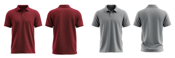 Blank Grey and Maroon Polo T-Shirt Front and Back Mockup Template Product Showcase Isolated on transparent Background