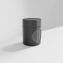 Black paper tube packaging with window mockup, short round gift box with window display, cylindrical paper tube container, black color paperboard tube packaging, tin can paper food packaging mockup